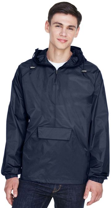 UltraClub Adult Quarter-Zip Hooded Pullover Pack-Away Jacket